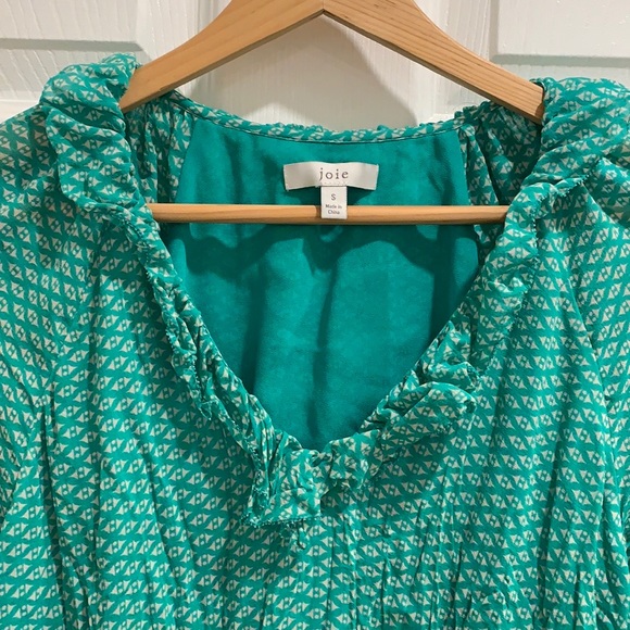 Joie Zaida Ruffle Silk Turquoise Green Pattern Top - Picture 4 of 13
